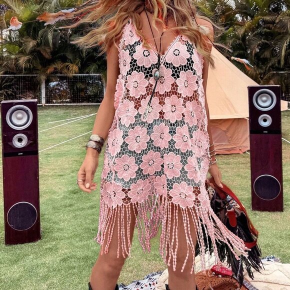 Pink Boho Women's Hollow Flower Tassel Decor V-Neck Sleeveless Tunic top - Picture 1 of 4